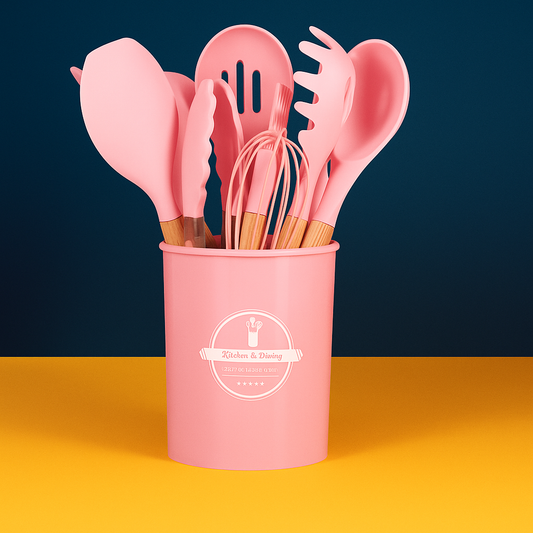 Conjunto de Utensílios de Cozinha 12Pçs - Silicone e Cabo de Madeira - Rosa/ Madeira
