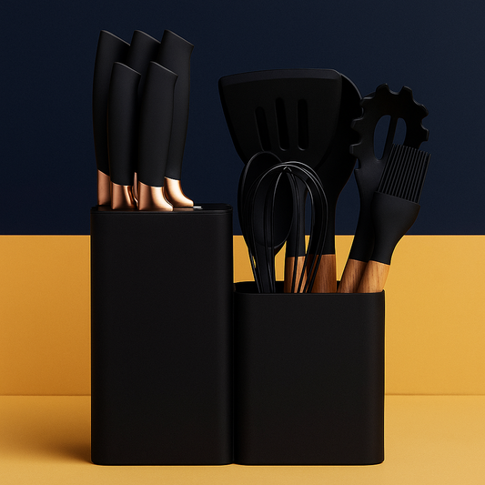 Kit Utensílios de Cozinha 19 Peças – Preto e Madeira