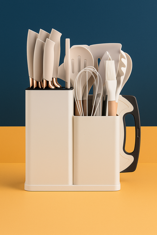Kit Utensílios de Cozinha 19 Peças – Bege e Madeira