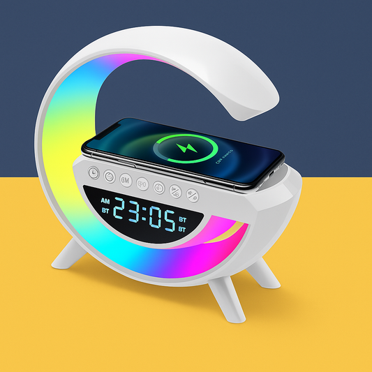 Smart Speaker 4 em 1 – Relógio, LED, Bluetooth e Indução