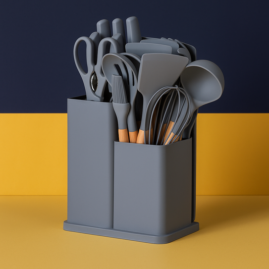 Kit Utensílios de Cozinha 19 Peças – Cinza e Madeira