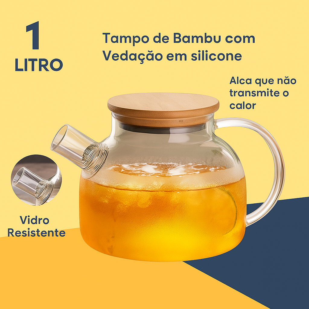 Chaleira de Vidro 1L com Tampa de Bambu e Infusor