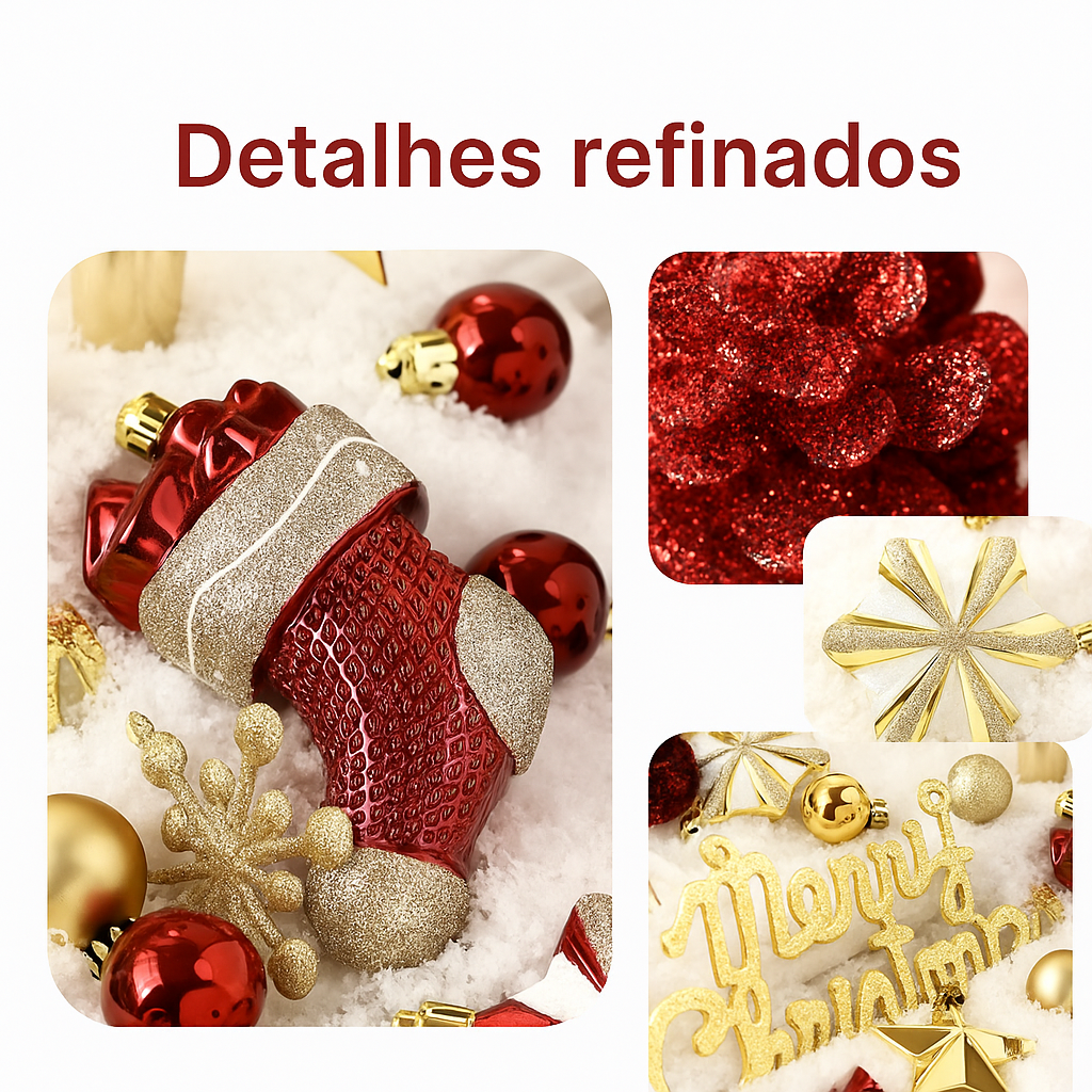 Kit 70 Enfeites para Árvore de Natal – Vermelho e Dourado