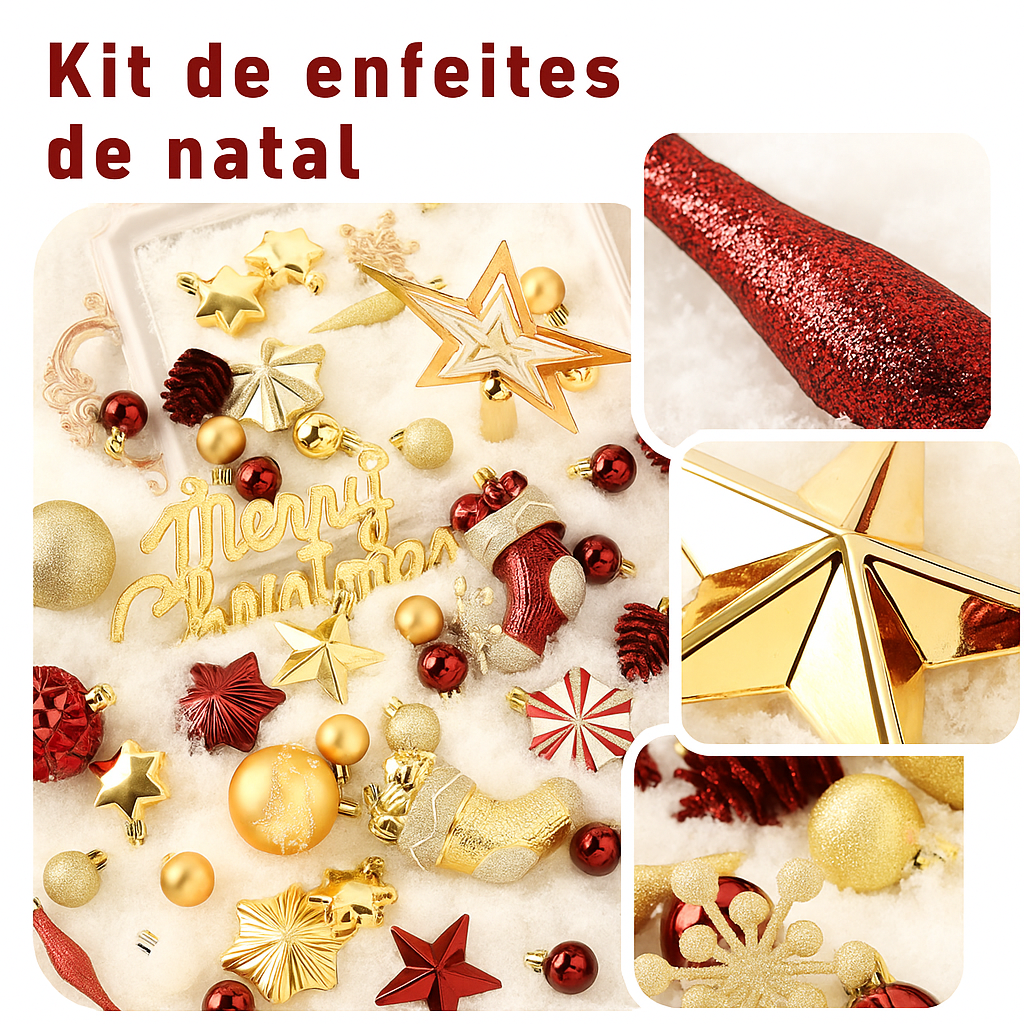 Kit 70 Enfeites para Árvore de Natal – Vermelho e Dourado