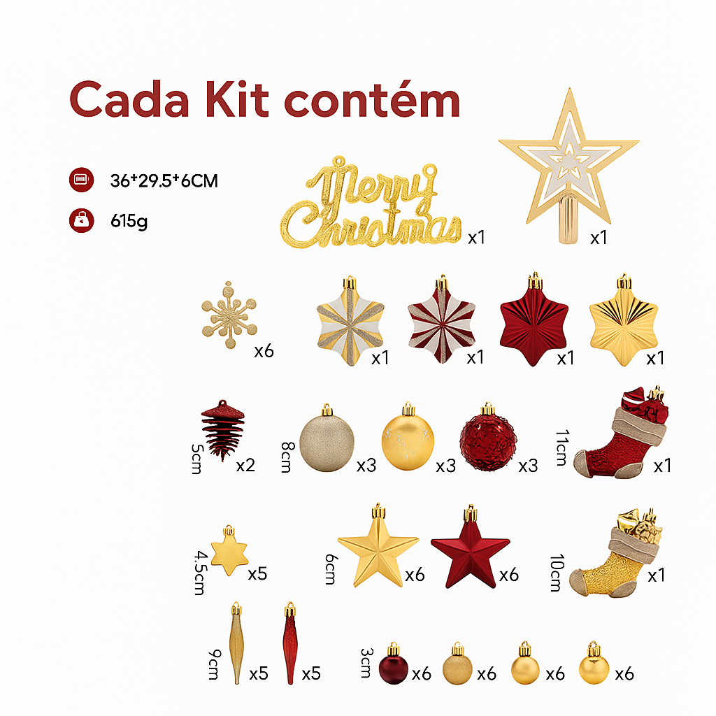Kit 70 Enfeites para Árvore de Natal – Vermelho e Dourado