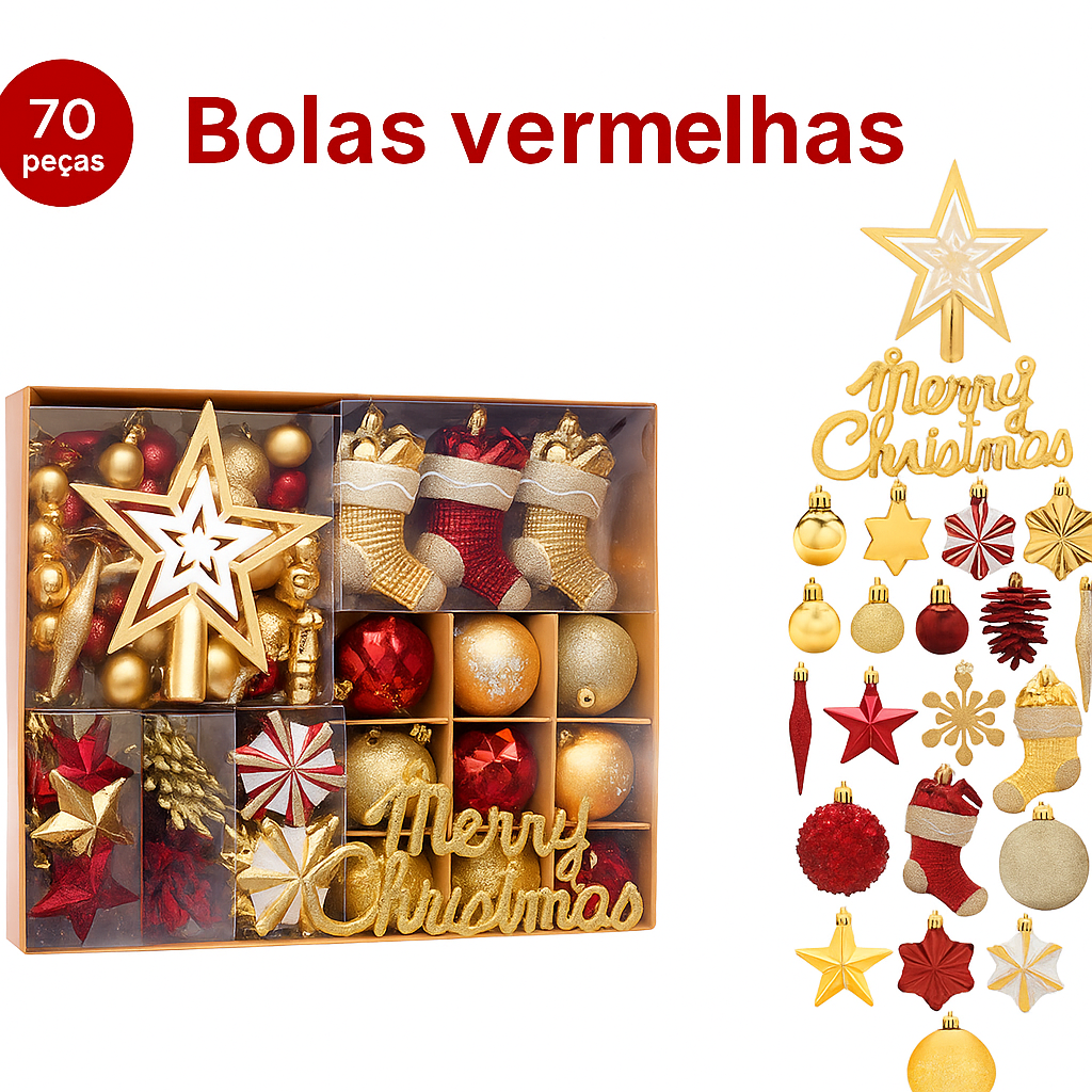 Kit 70 Enfeites para Árvore de Natal – Vermelho e Dourado