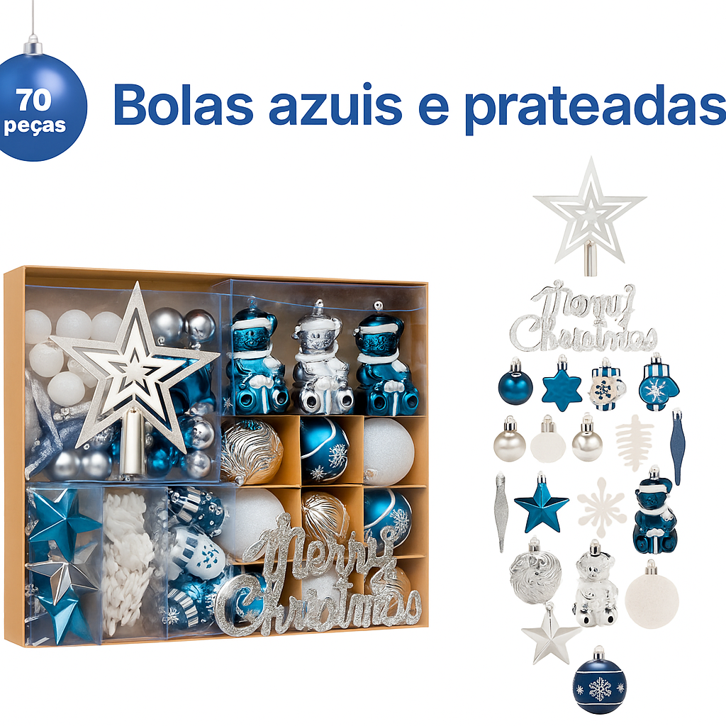 Kit 70 Enfeites para Árvore de Natal – Vermelho e Dourado
