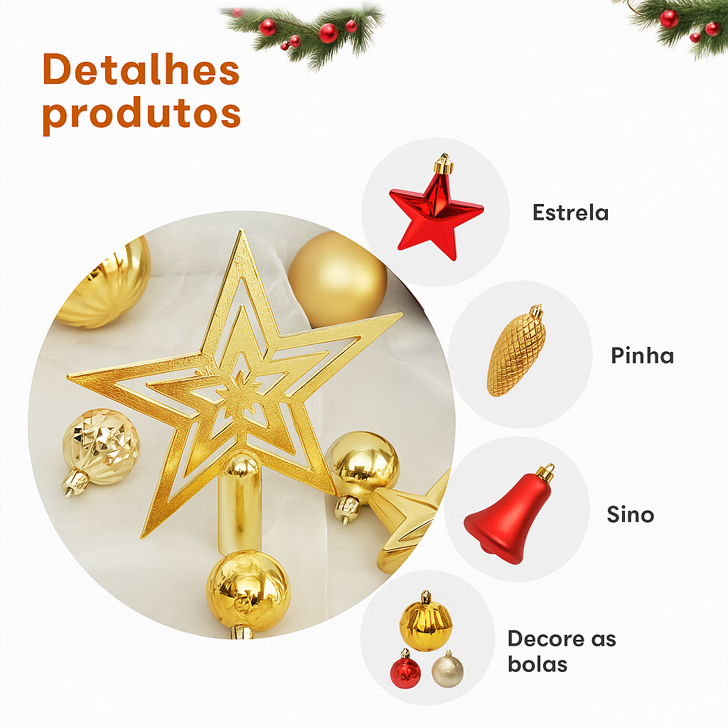 Kit 45 Enfeites para Árvore de Natal – Bolas, Pinhas e Estrelas