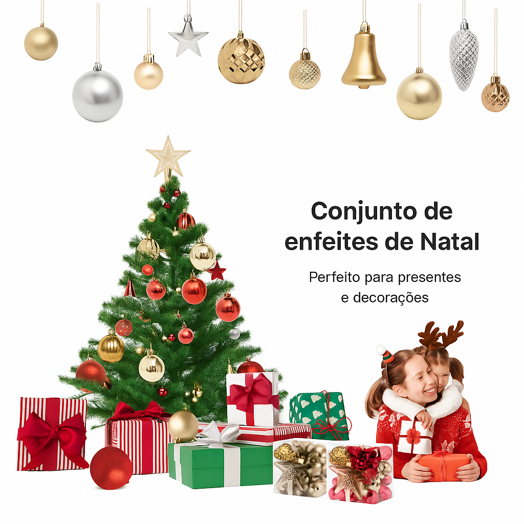 Kit 45 Enfeites para Árvore de Natal – Bolas, Pinhas e Estrelas