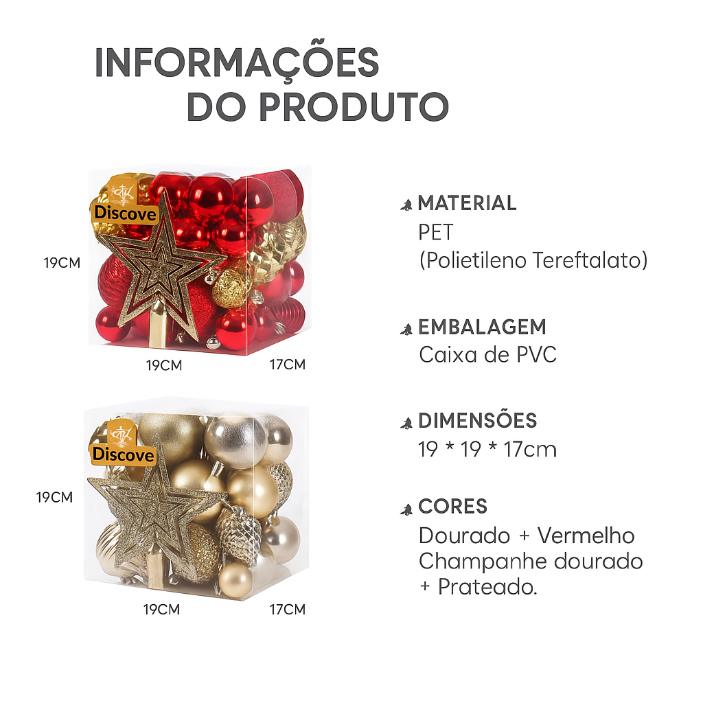 Kit 45 Enfeites para Árvore de Natal – Bolas, Pinhas e Estrelas