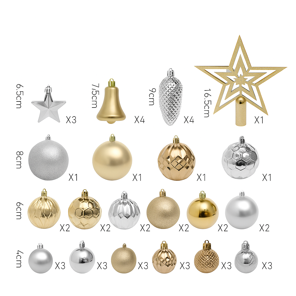 Kit 45 Enfeites para Árvore de Natal – Bolas, Pinhas e Estrelas
