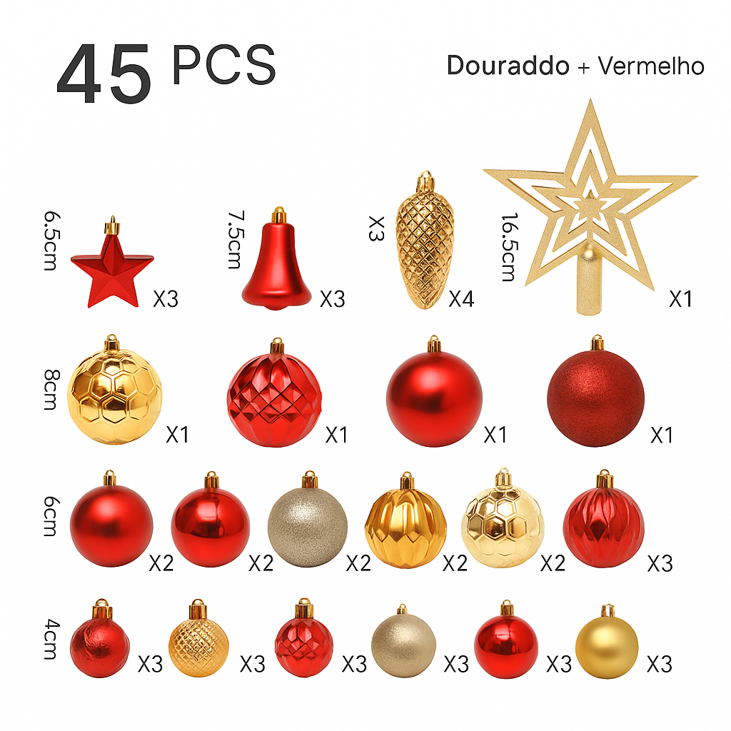 Kit 45 Enfeites para Árvore de Natal – Bolas, Pinhas e Estrelas