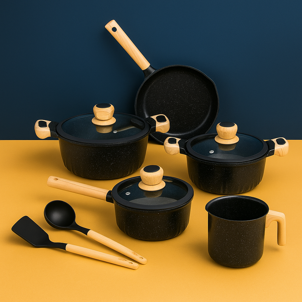 Jogo de panelas 10 peças com revestimento cerâmico antiaderente, tampas de vidro e cabos soft-touch