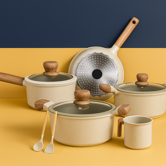 Jogo de panelas 10 peças com revestimento cerâmico antiaderente, tampas de vidro e cabos soft-touch