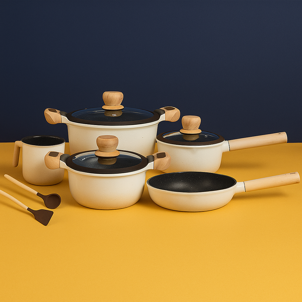 Jogo de panelas 10 peças com revestimento cerâmico antiaderente, tampas de vidro e cabos soft-touch