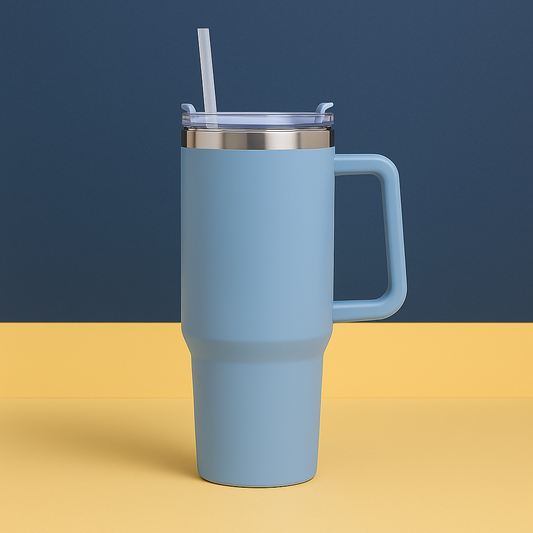 Copo Quencher Caneca Inox com Alça e Canudo (1200 ml) - Azul Bebê