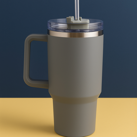 Copo Quencher Caneca Inox com Alça e Canudo (1200 ml) - Cinza