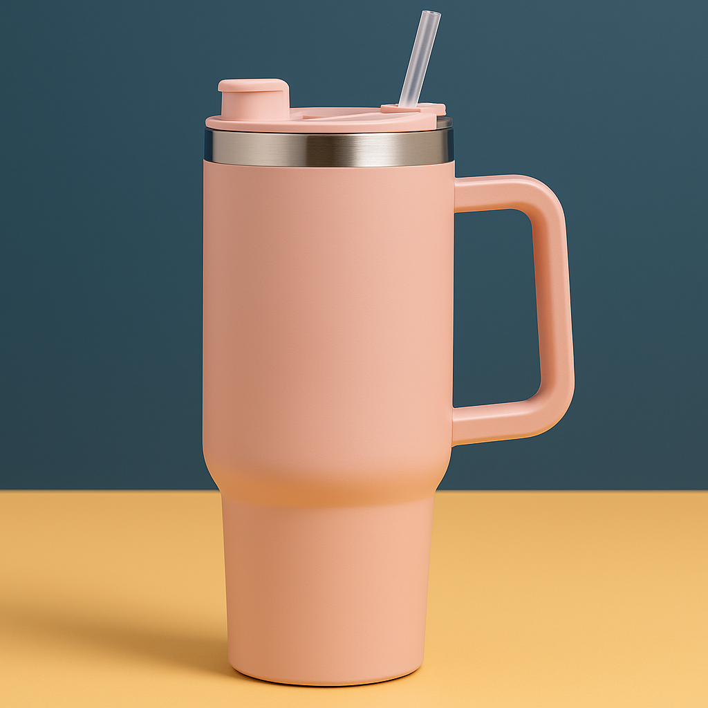 Copo Quencher Caneca Inox com Alça e Canudo (1200 ml) - Rosê