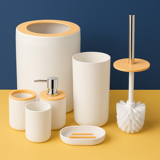 Kit Banheiro em Plástico e Bambu – 6 Peças - Branco