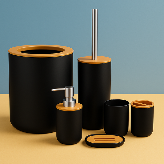 Kit Banheiro em Plástico e Bambu com 6 Peças - Preto