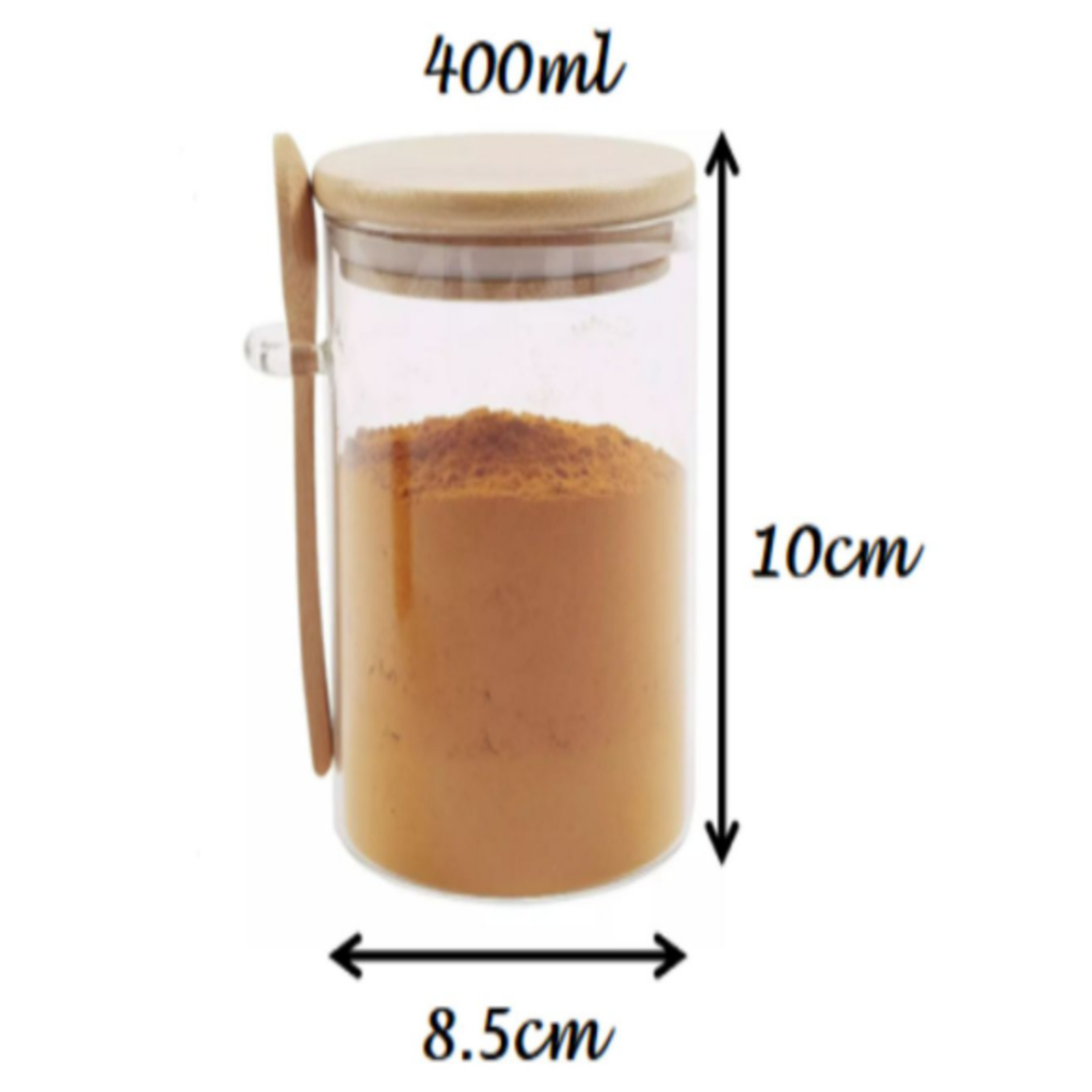 Kit 3 Pote De Vidro Hermético Tampa De Bambu 400ml Com Colher De Bambu