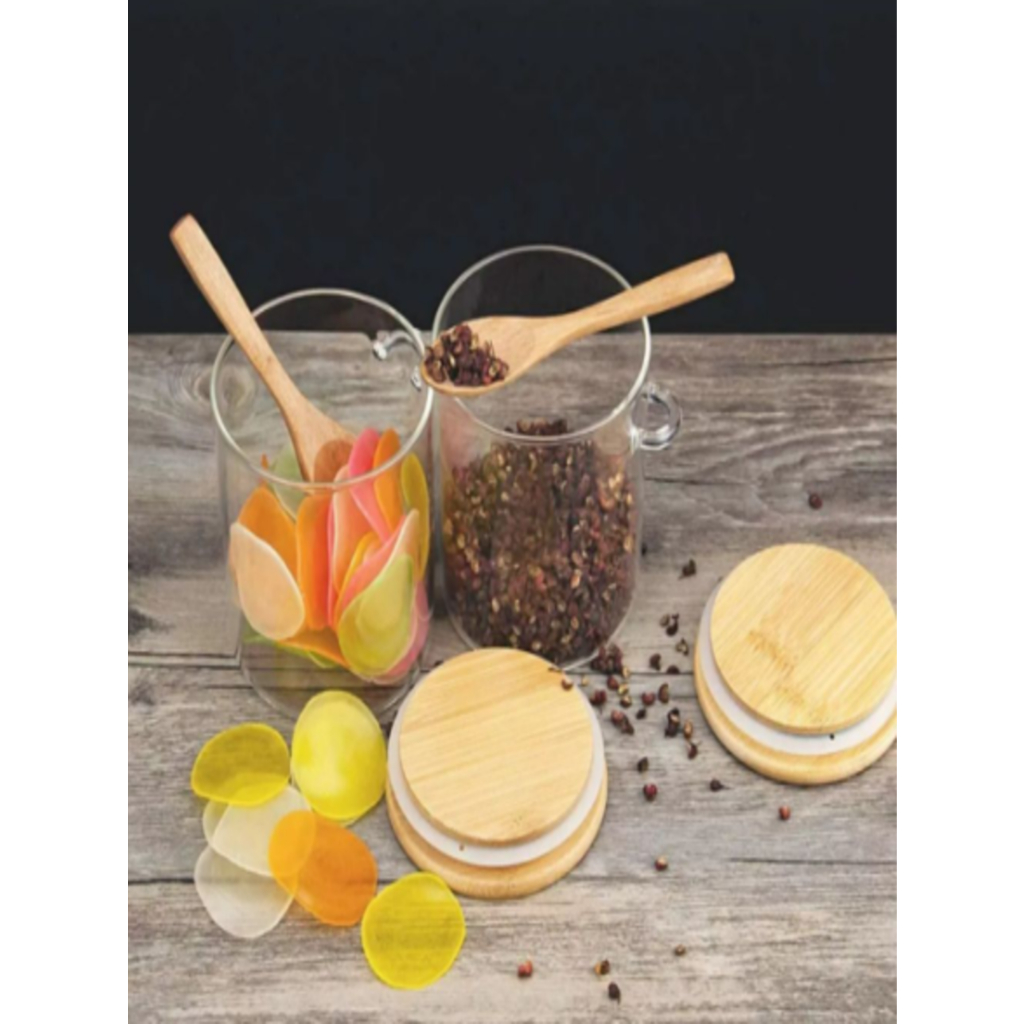 Kit 3 Pote De Vidro Hermético Tampa De Bambu 400ml Com Colher De Bambu