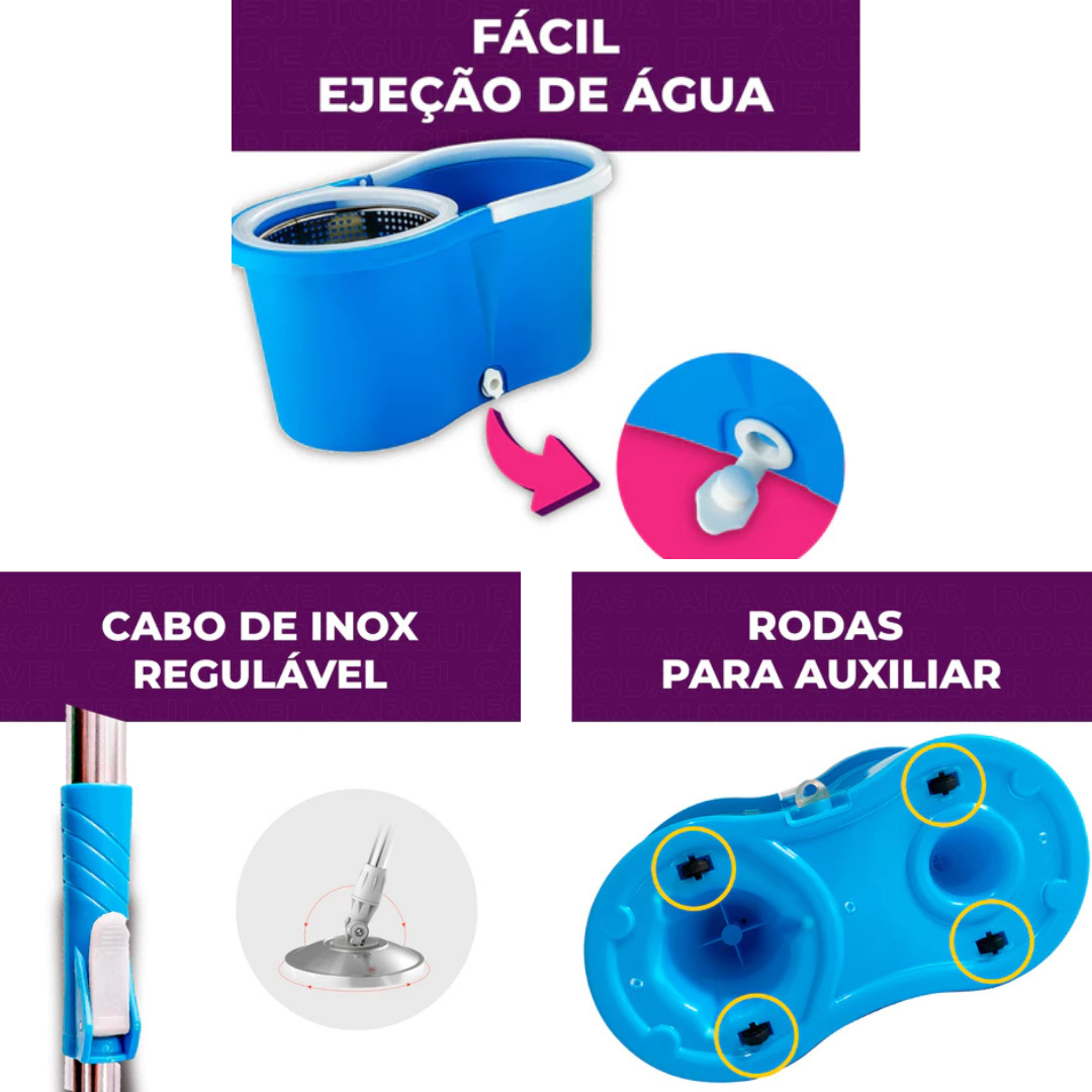 Mop Giratório 360° com Cesto Inox 4L Azul - Clean Tech